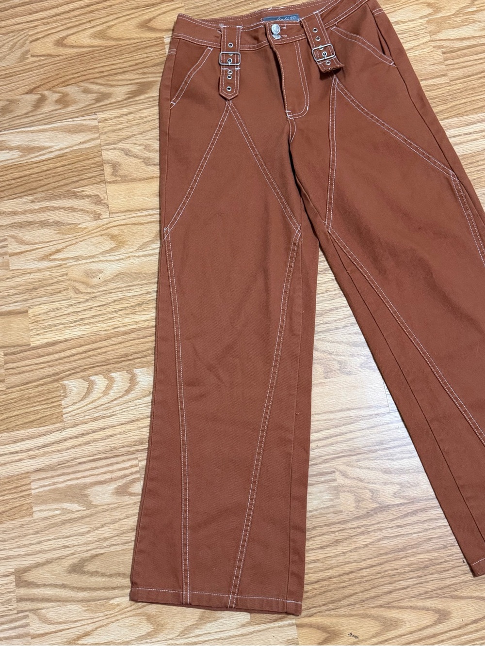 Cali 1850 Women’s Brown Contrast Stitch Buckle Pants Size 3 Y2K Wide Leg - Picture 6 of 15